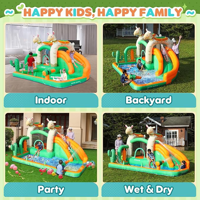 INFLATEBLE Bounce House with Slide for Kids – Llama Theme Water Slide Bouncer with Climbing Wall, Splash Pool & Ball Pit – Wet & Dry Use, Outdoor & Indoor