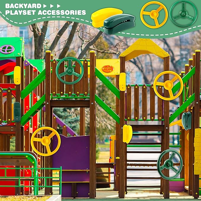 4 Pack Playground Accessories for Kids Outdoor Playground Steering Wheel Priate Ship Wheel Plastic Telephone Phone Toy Swing Set for Playground Backyard Playhouse Tree House (Green,Yellow)