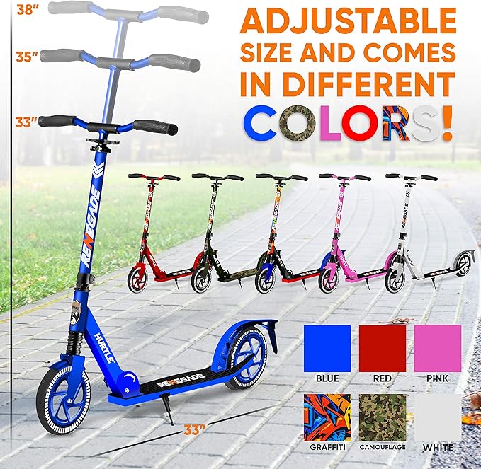 Hurtle Renegade Kick Scooter for Kids, Teenagers & Adults - 2-Wheel Folding Scooter with Adjustable T-Bar Handlebar - Alloy Anti-Slip Deck