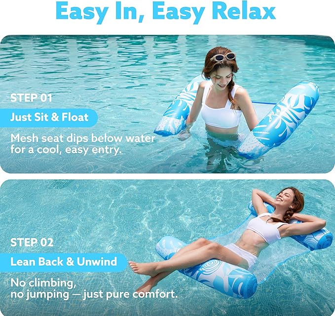 SLOOSH 2 Packs Hammock Pool Floats Adults, 4-in-1 Multi-Purpose Inflatable Pool Floats PVC Water Hammock Lounge Floaties