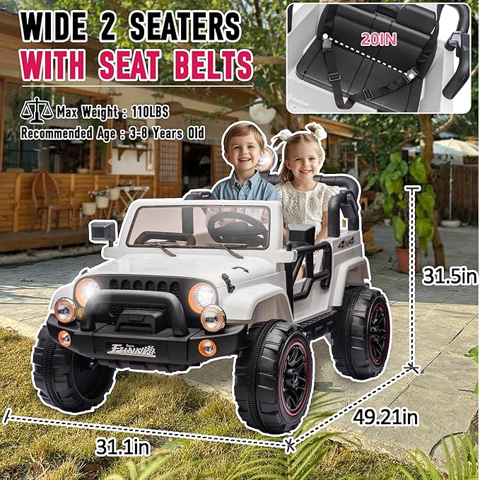 24V XL Kids Electric Ride on Truck Car 2 Seater Remote Control for Toddlers 2-8, 160W 2 Motors 5MPH Max Speed, Bluetooth USB Music Player, LED Lights Safety Belt, Gift for Boys Girls, White