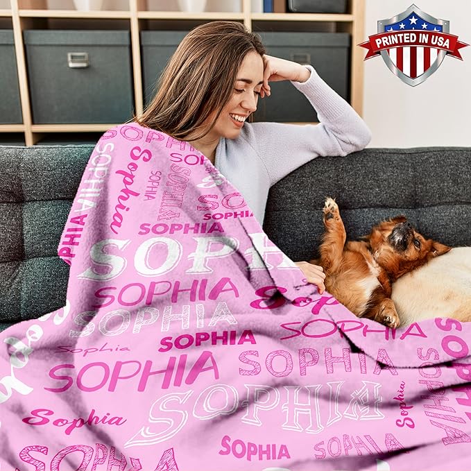 Ship Next Day, Personalized Baby Blanket with Name - Printed in USA, Custom Name Blanket for Boys Girls Kids, Customized Flannel Blankets Gifts for Teen Shower Toddlers Christmas Brithday