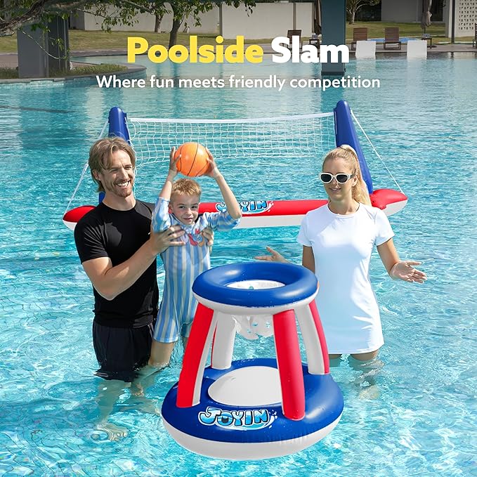 JOYIN Inflatable Pool Float Set Volleyball Net & Basketball Hoops, Balls Included for Kids and Adults Swimming Game Toy, Summer Floaties, Volleyball Court |Basketball,L-Red