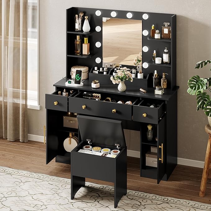 Vanity Desk with Mirror and Lights,Black Makeup Vanity with Charging Station & Stool, 3 Drawers and Cabinets, White Vanity Mirror with RGB LED Lights Makeup Desk and Chair for Women
