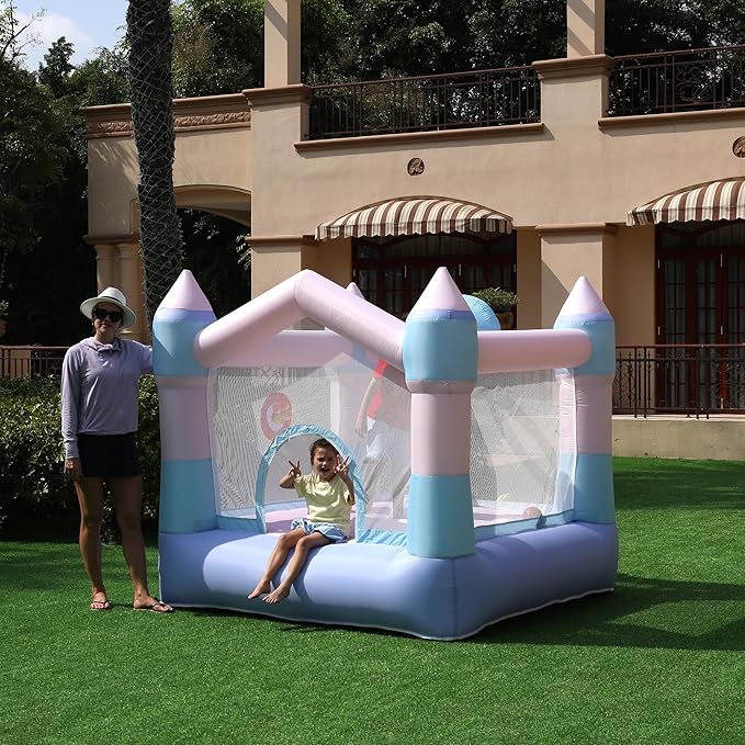 Bounce House Inflatable Bouncer with Blower, Colorful Bouncy Castle with Basketball Hoop and Sticky Ball Game for Kids 3-8