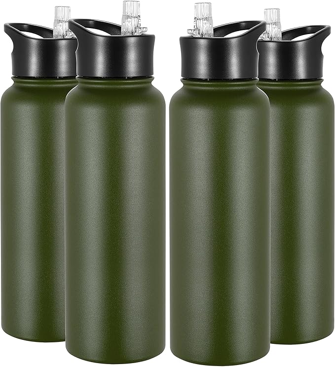 VEGOND 40 oz Insulated Water Bottle Bulk Stainless Steel Metal Water Bottles with Leak Proof Straw Lid & Spout Lid, Wide Mouth Double Walled Vacuum Travel Sports Bottle, 4 Pack
