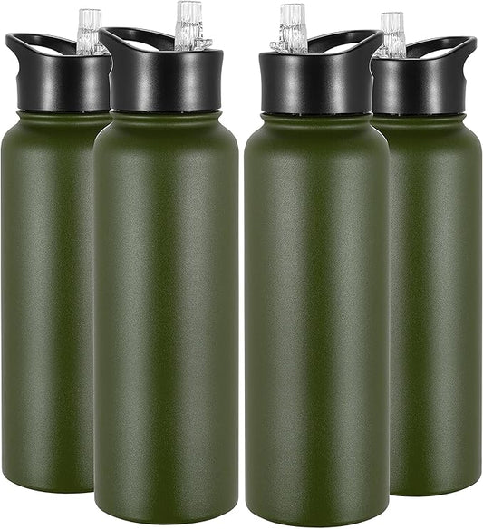 VEGOND 40 oz Insulated Water Bottle Bulk Stainless Steel Metal Water Bottles with Leak Proof Straw Lid & Spout Lid, Wide Mouth Double Walled Vacuum Travel Sports Bottle, 4 Pack
