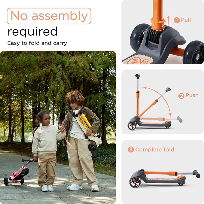 KUB Toddler Scooter for Kids Ages 2+, 3 Wheel Kick Scooter with LED Light-Up Wheels, Adjustable Height Handlebar, Lean-to-Steer, Anti-Slip Deck, Easy-Fold Design, Gift for Boys and Girls