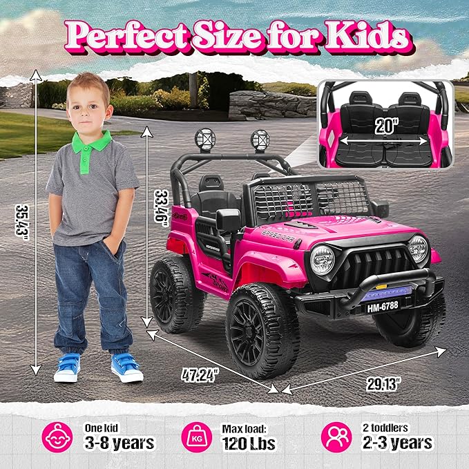 2 Seater Ride on Car for Kids, 24V Electric Power Ride on Truck Toy with Remote Control, 200W Motor, LED Lights, Music, 3 Speed, 4 Wheel Suspension Spring, Soft Start, Safety Belt