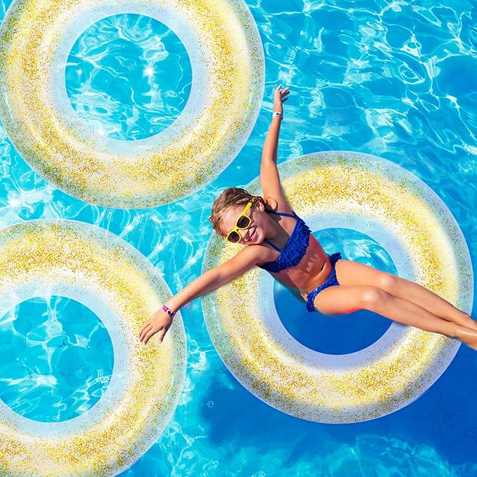 6 Pcs Inflatable Pool Float Tube 30 Inch Swimming Ring with Confetti Glitter Inner Tubes Transparent Swim Floaties Funny Water Floats Toys for Kids Adults Beach Party Supplies (Gold)