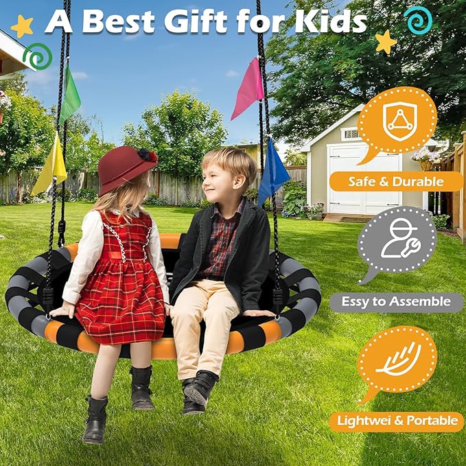 Saucer Swing, 40 Inch Swing Sets for Backyard and Outdoor Playground, 900lbs Weight Capacity, with 360 Degree Swivel, Gifts for Kids, Grey and Orange