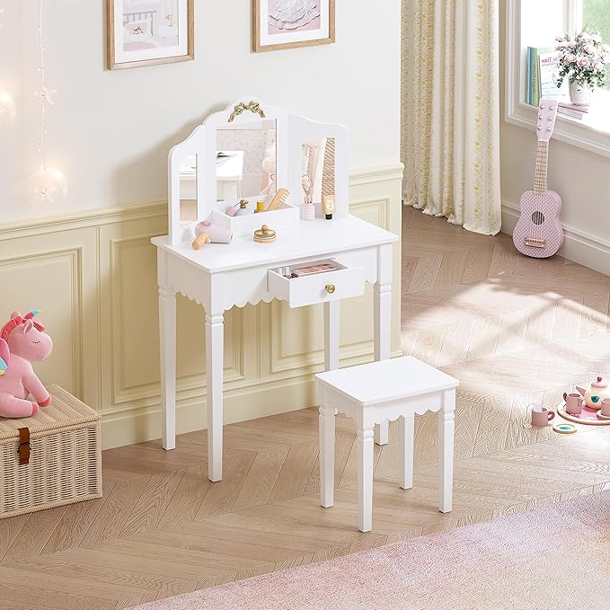 Spirich Pretend Play Kids Vanity Set with Mirror and Stool, Kids Make Up Vanity Desk for Little Girls, Children Makeup Dressing Table with Drawer