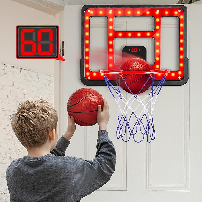 Kids Basketball Hoop Adjustable Height 3.5FT-6.2FT, Indoor & Outdoor Toddler Basketball Hoop with Scoreboard & LED, Boys Basketball Toy for 3 4 5 6 7 8 Years Gift, Portable Basketball Goals Sport Game
