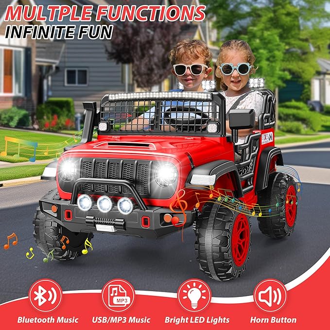 Hikole 24V 2 Seater Electric Ride on Toys Car for Kids 4-8, Remote Control, 2X200W Powered Wheels, 20'' Wide Seats, Sping Suspension, Bluetooth & Music, 110LBS MAX Load, LED Lights, 3 Speeds, Red