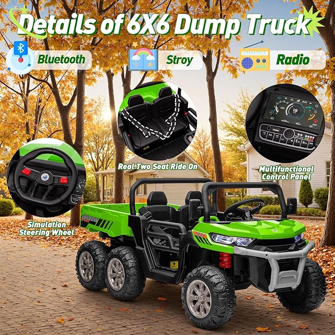 24V Ride on Dump Truck, XL 2 Seater Ride on Cars with Remote Control, 4x200W Powerful Motors, 6-Wheel Suspensions, Electric Dump Bed, Shovel, Kids UTV for Boy Girl,Pure Green