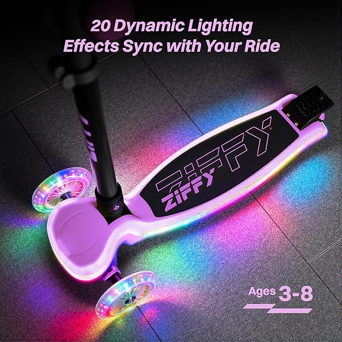 ZIFFY 3-Wheel Light-Up Toddler Scooter for Kids 3-8, Kids Scooter for Boys Girls with 20 Dynamic LED Lights, 4 Adjustable Height Balance Kick Scooter 110LBS, Lean-to-Steer Anti-Slip Wide Deck by JOVA