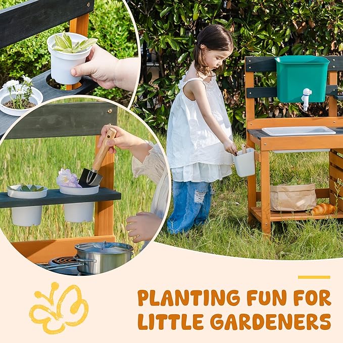 ROBOTIME Mud Kitchen for Kids Outdoor - Wooden Outdoor Play Kitchen Set with Real Water Play, Cooking Pots & Gardening Tools - Sensory Toy Kitchen for Pretend Play Ages 3+