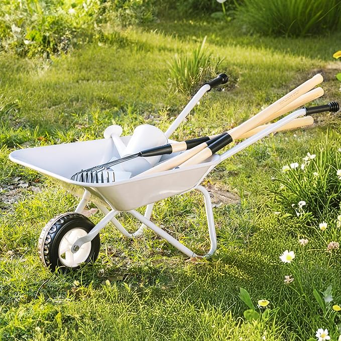 ROBOTIME Kids Wheelbarrow with Gardening Set – Metal Wheelbarrow Toddler Outdoor Play Toy with Garden Tools, Watering Can & Plant Labels, Pretend Play Yard Equipment for Boys and Girls (Grayish white)