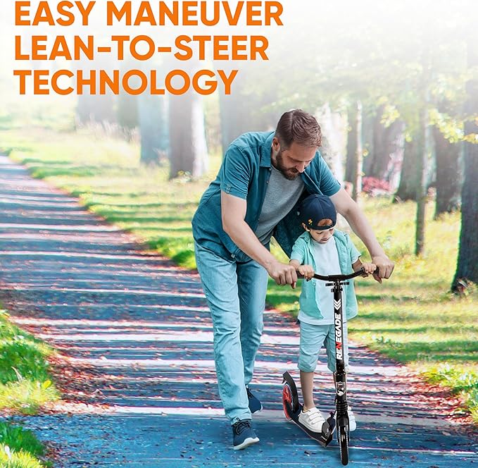 Hurtle Renegade Kick Scooter for Kids, Teenagers & Adults - 2-Wheel Folding Scooter with Adjustable T-Bar Handlebar - Alloy Anti-Slip Deck