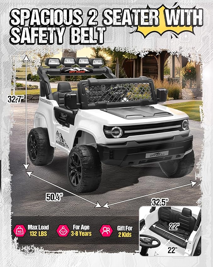 24V Ride on Toys for Big Kids, 2 Seater Electric Car w/22'' Large Seat, Remote Control, Shovel, 4X200W Engines, 4WD/2WD Switchable, Truck Bed Storage, Ride On Truck Toy for Boy Girl, White