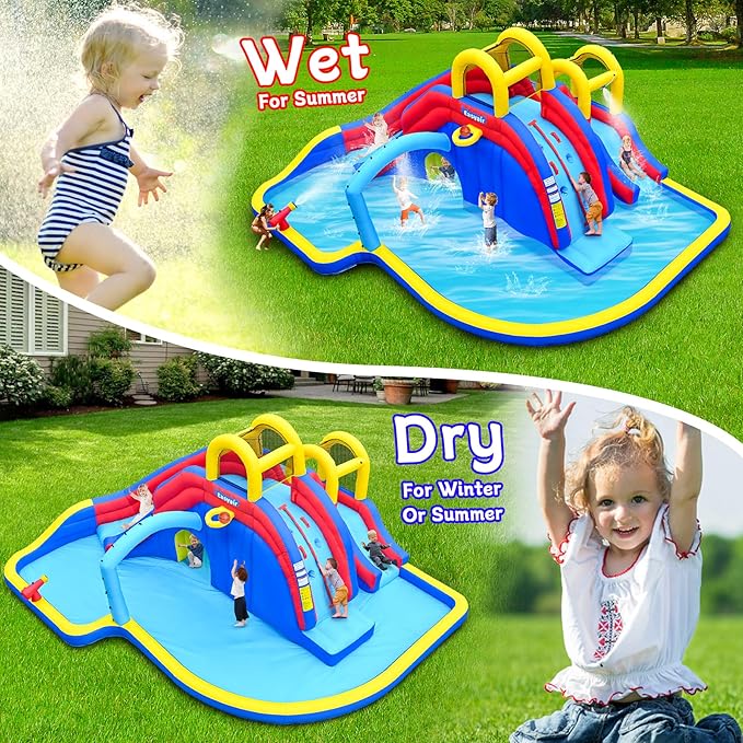 Inflatable Water Slide for Kids with 650W Blower, 2 Climbing Walls, 2 Slides, 2 Splash Pool, Basketball Hoop, Water Gun, 216 x 194 Inch Blow Up Water Slides for Backyard Blue