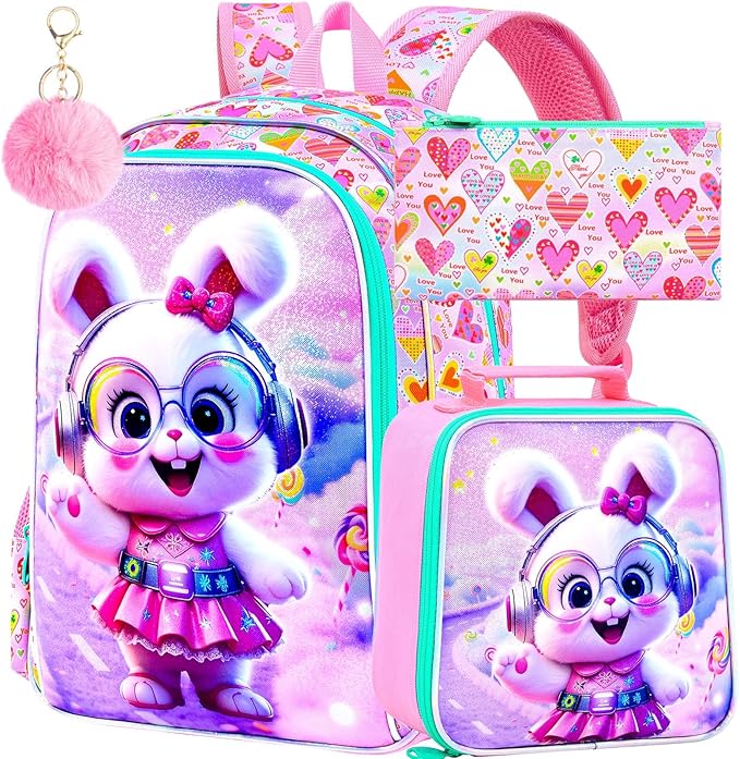 CCJPX 16" Bunny Backpack for Girls, 3Pcs Kids Bookbag with Lunch Box, Water Resistant Elementary School Bag for Kindergarten Preschool Toddler (Pink)