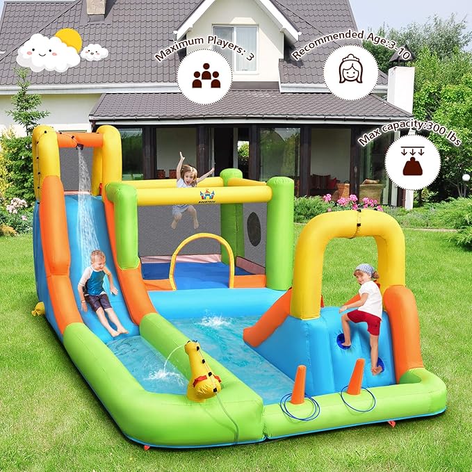 BOUNTECH Inflatable Water Slide, 8-in-1 Dual Slides Kids Water Park Jump Castle, Water Slides Inflatables for Outdoor with Splash Pool, Big Kids Backyard Party Water Slide Bounce House with Blower