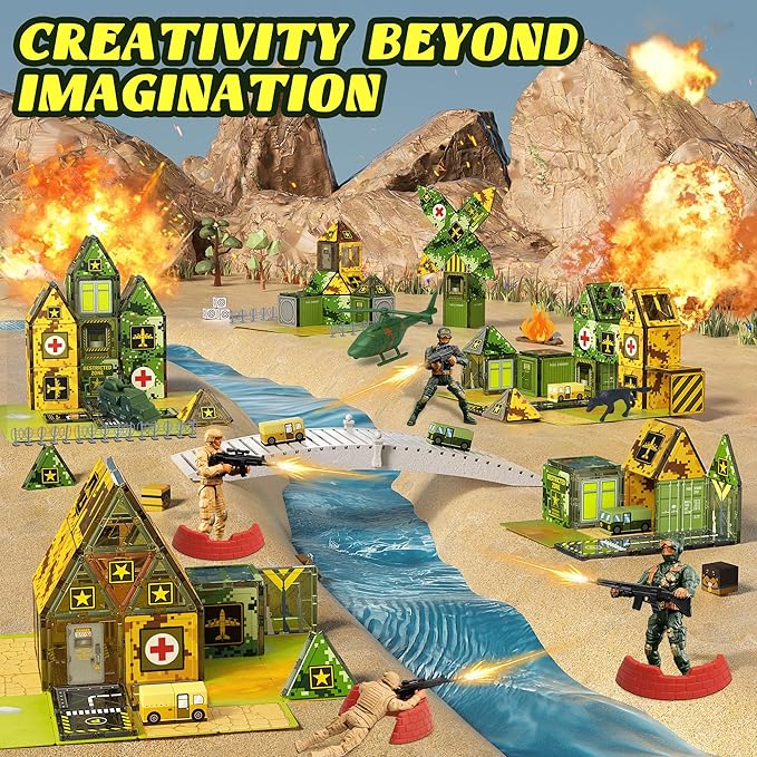 Magnetic Tiles Road Building Toys Set with Magnetic Blocks and Army Toys Accessories, Military Magnetic Blocks for Kids Ages 3-5 4-8, STEM Educational Sensory Magnet Toys Birthday Gifts for Boys Girls