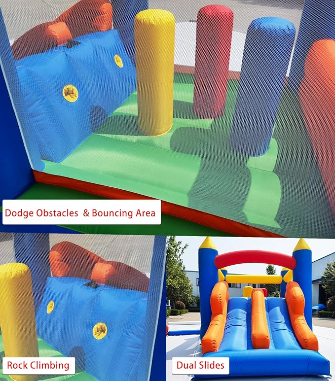 HuaKastro 16.3x7.2FT Kids Inflatable Obstacle Bounce House with Dual Racing Slides, Crawl Tunnels, Climbing, Obstacles, Jumping All in One Castle Great for Children's Outdoor Party - with Blower