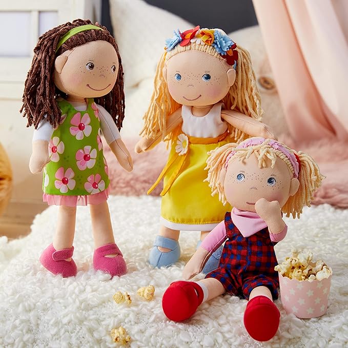 HABA Coco 12" Soft Baby Doll with Brown Hair, Embroidered Face, Removable Green Dress, Matching Headband - Machine Washable Toddler Doll - 18 Months+