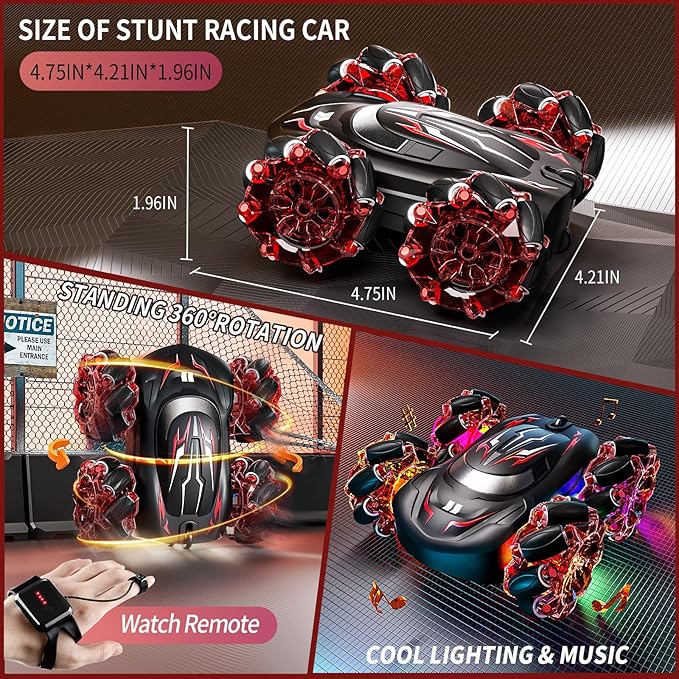 2.4GHz RC Stunt Car,4WD Double-Sided Gesture Sensing RC Cars,360°Flips Remote Control Car with Lights and Music for Boys Kids Birthday Gifts Age 6-12 Year Old (Red