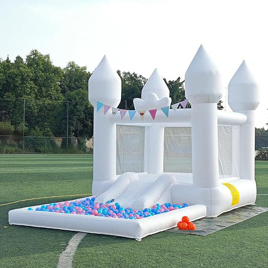 12.5FTx7.1FT White Inflatable Bounce House Inflatable Castle with Slide and Ball Pool Indoor and Outdoor Toys for Active Kids Used for Inflatable Products for Birthday Parties and Holiday Decorations