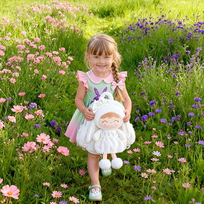 Gloveleya Toddler Backpack Plush Bag with White Bunny Detachable Design 11-inch Gift for Girl