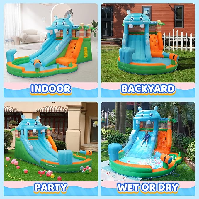 Inflatable Bounce House for Kids, Playhouse Castle with Blower, Water Slide Bounce House for Toddlers Wet and Dry