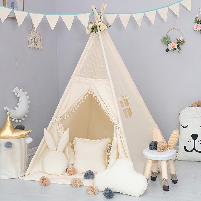 Kids Teepee Tent with Padded Mat, Banner, Fairy Lights, Yarn Ball, Carry Bag, Beige Cotton Canvas Play Tent for Child with Tassels Lace, Play House Tipi for Kids Room Decor