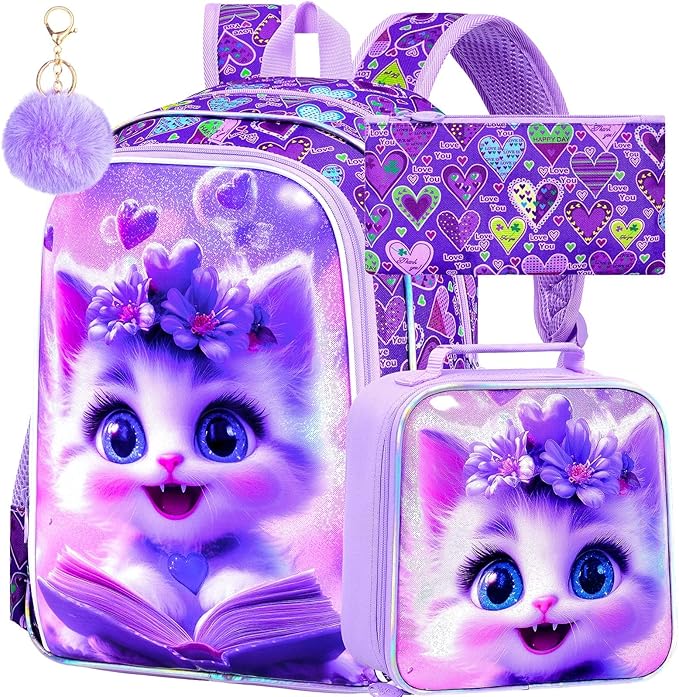 CCJPX 3Pcs Cat Backpack for Girls, 16” Kids Bookbag with Lunch Box, Water Resistant Elementary School Bag for Kindergarten Preschool Toddler (Purple)