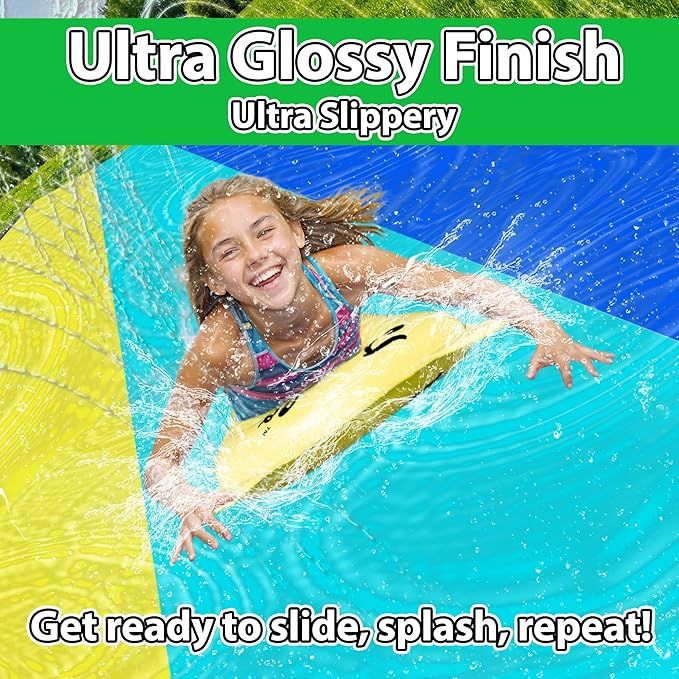 JAMBO XL 20Ft Premium 3 Lane Slip Splash and Slide with 3 Bodyboards, Heavy Duty Water Slide- Advanced 3-Way Water Sprinkler System, Backyard Waterslide Outdoor Water Toys n Slides for Kids Splash Pad