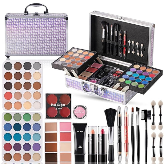 Hot Sugar Makeup Kit for Girls 10-12, Girls Makeup Set Ages 8-12, 14-16 With Aluminum Makeup Case (Purple Houndstooth)