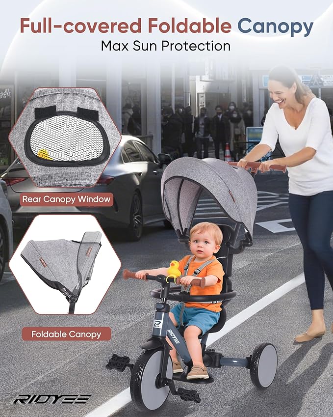 8-in-1 Tricycle for 1.5-5 Years, Tool-Free Switch, Toddler Tricycle with Parent Steering Control Handle for 1.5 to 5 Yrs, Toddler Trike 1.5-3 Years with 5-Point Harness and Large Canopy, Grey