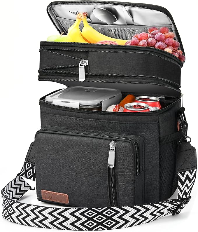 LOKASS Lunch Bag& Lunch Box for Men Women Double Deck,Large Insulated Adult Lunch Box Leakproof Lunchbox Cooler Bag for Work Picnic Beach,（Black,16L）