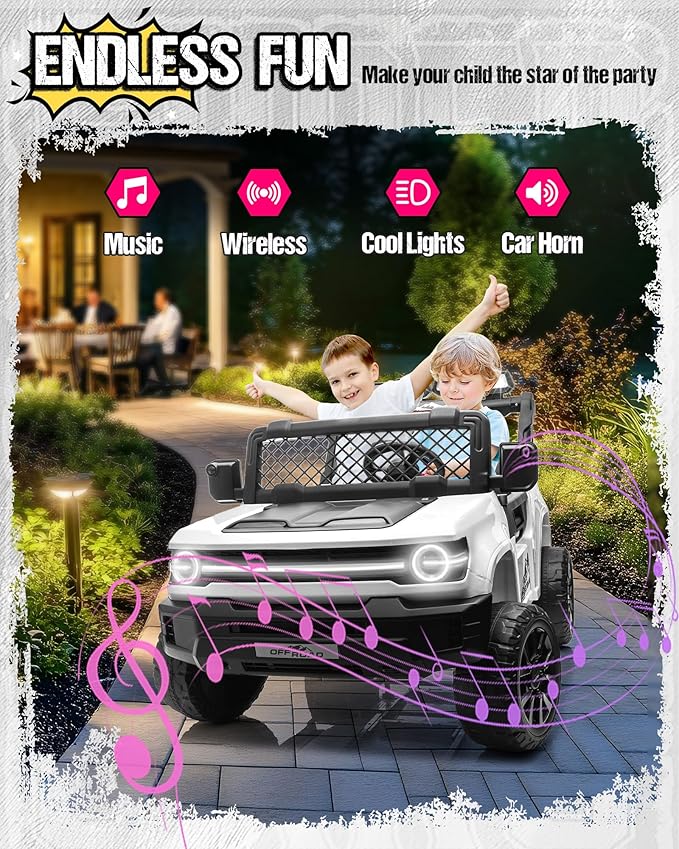 24V Ride on Toys for Big Kids, 2 Seater Electric Car w/22'' Large Seat, Remote Control, Shovel, 4X200W Engines, 4WD/2WD Switchable, Truck Bed Storage, Ride On Truck Toy for Boy Girl, White