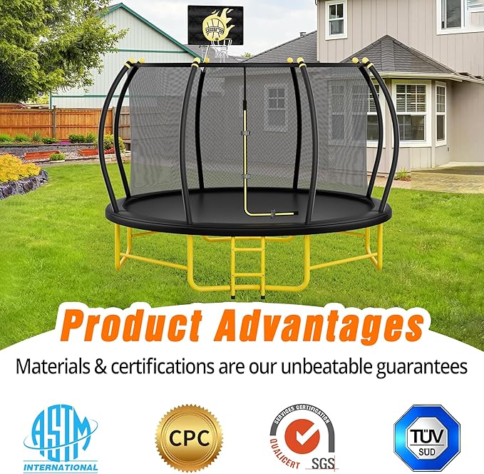 16FT Pumpkin Trampoline for Kids Adults, ASTM Approved Outdoor Recreational Trampoline with Basketball Hoop, Enclosure Net, Yellow