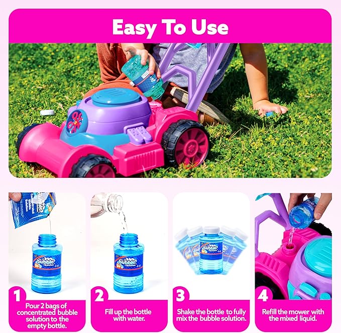 SLOOSH Bubble Lawn Mower Toddler Toys - Spill-Proof Bubble Machine Pretend and Play Toy for Toddler Age 1 2 3 1-3 Year Old Indoor Outdoor Use, Push Toys Baby Girl Xmas Christmas Birthday Gifts (Pink)