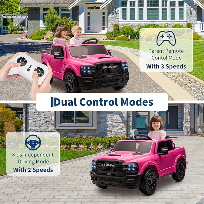 24V Ride on Car Licensed RAM 2500, 2 Seater Ride on Car for Kids w/Remote Control, Toddler Electric Car w/Truck Bed, 3 Speed, LED Lights, Bluetooth, Suspension, Gifts for Boys Girls, Pink