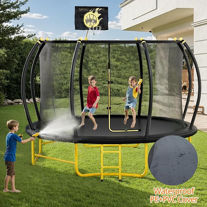 16FT Pumpkin Trampoline for Kids Adults, ASTM Approved Outdoor Recreational Trampoline with Basketball Hoop, Enclosure Net, Yellow