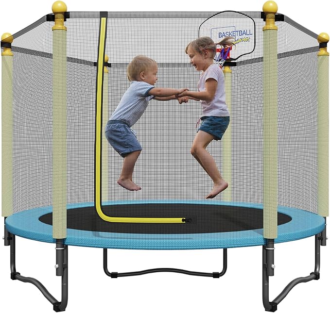 60" Trampoline for Kids, Indoor & Outdoor Trampoline with Net, Basketball Hoop Birthday Gifts for Boys & Girls, Baby Toddler Christmas Toys/Green