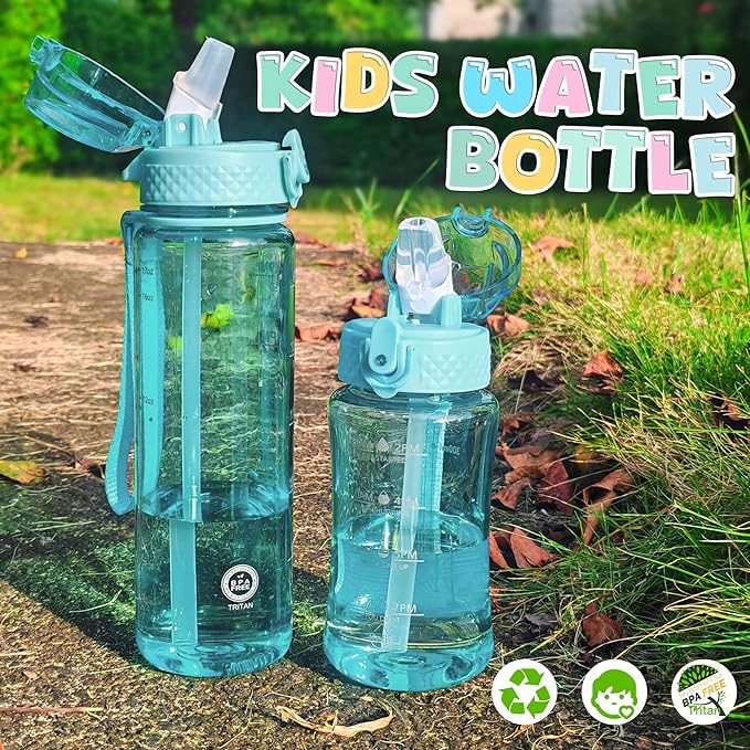 OLDLEY 12oz Kids Water Bottle for School - Motivational With Silicone Straw, Leak-Proof Tritan BPA-Free, Reusable for Girls Boys, Slate Blue