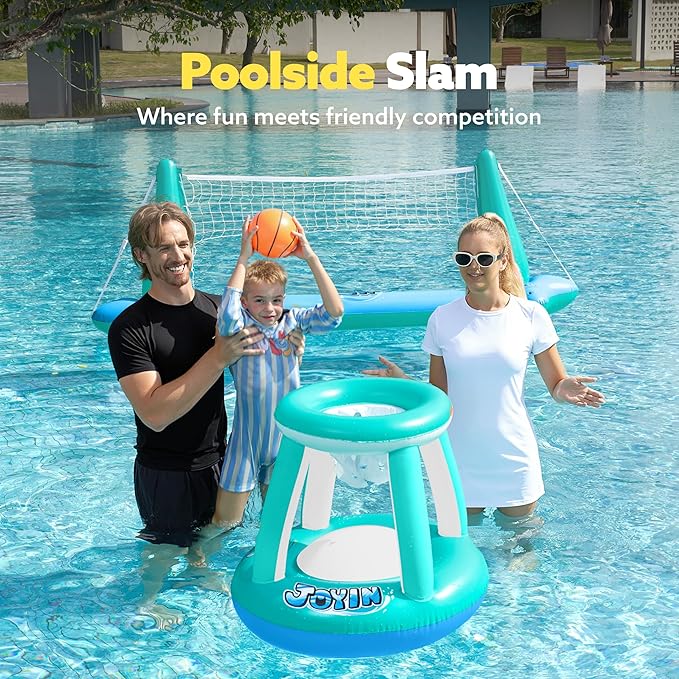 JOYIN Inflatable Pool Float Set Volleyball Net & Basketball Hoops, Floating Swimming Game Toy for Kids and Adults, Summer Floaties, Volleyball Court (105”x28”x35”)|Basketball (27”x23”x27”),L-Blue