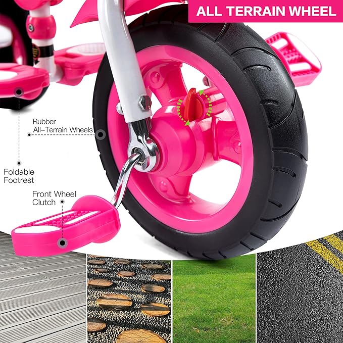 JMMD Baby Tricycle, 7-in-1 Folding Kids Trike with Adjustable Parent Handle, Safety Harness & Wheel Brakes, Removable Canopy, Storage, Stroller Bike Gift for Toddlers 18 Months - 5 Years(Pink)