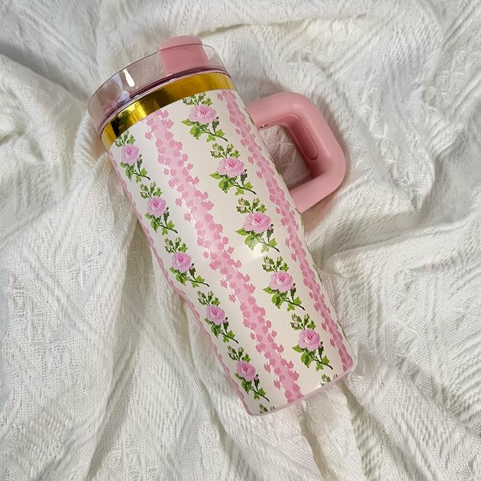 14 oz Tumbler with Handle and Straw, 14oz Toddler Tumbler with Lid and Straw for Kids Stainless Steel Tumblers, Outdoor Sports Travel School Gift, Keeps Drinks Cold up to 24 Hrs(Pink Flower)